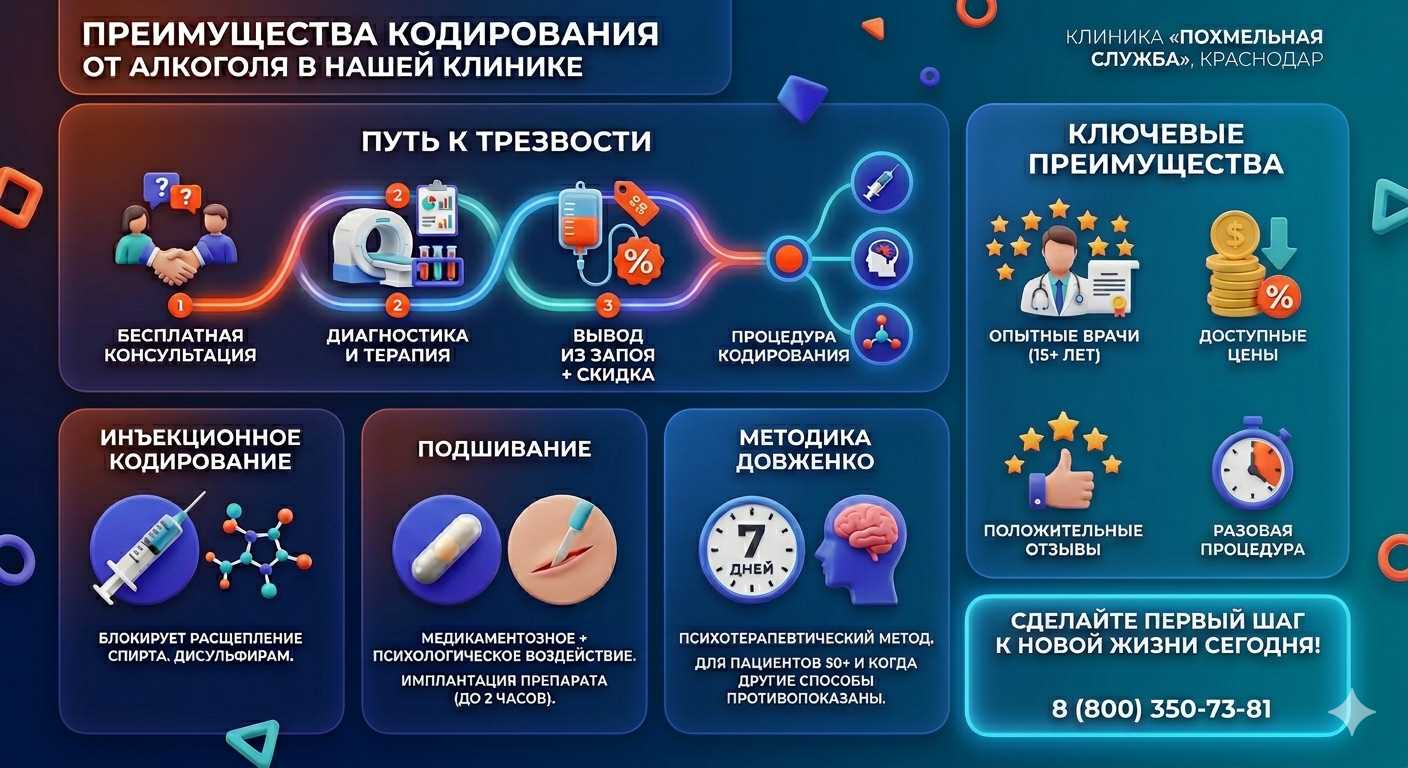 Инфографика о методах кодирования от алкоголя в Эльхотово: инъекции, подшивание, метод Довженко. Преимущества клиники и этапы лечения.