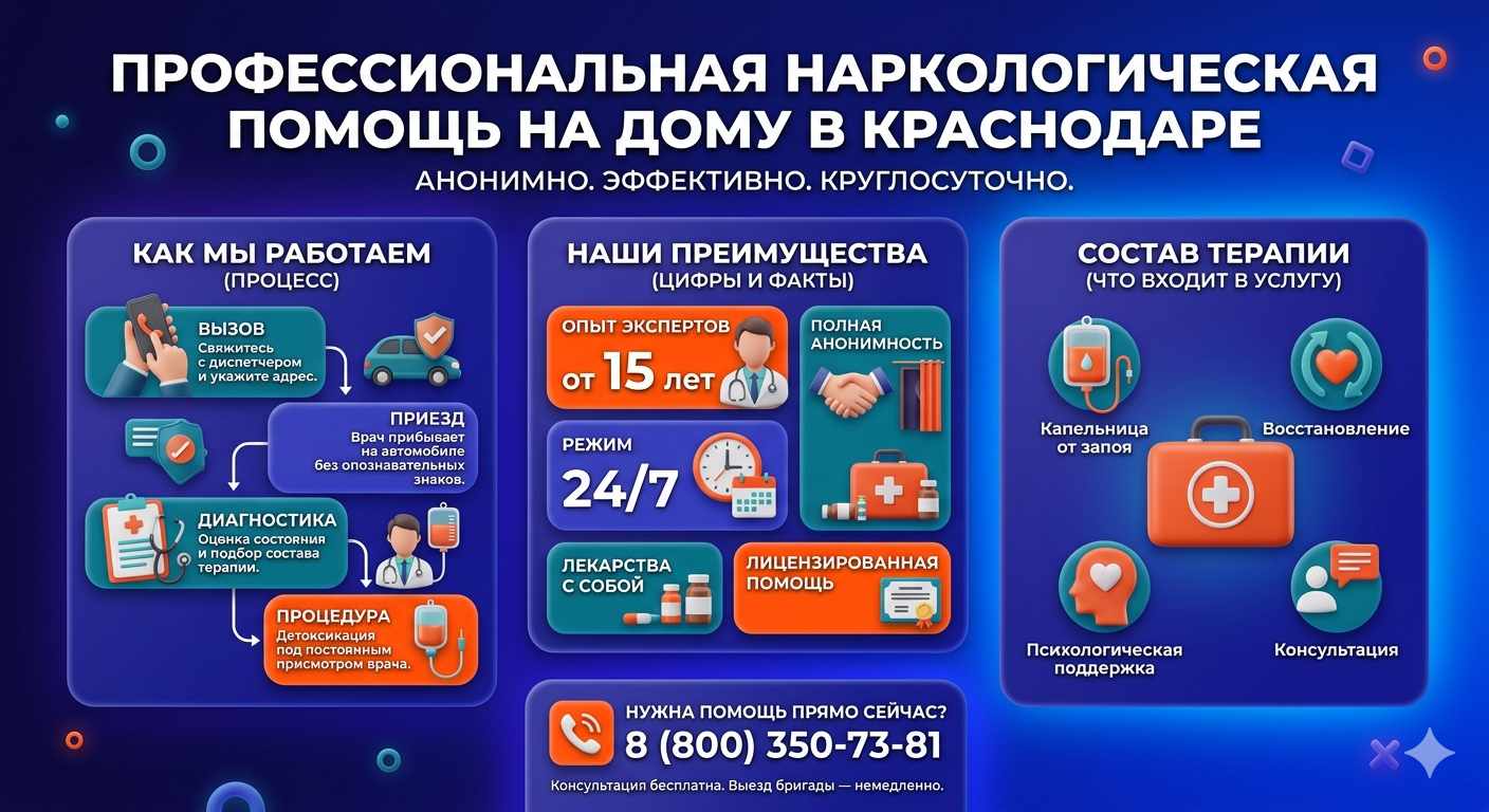 Инфографика о принципах лечения алкоголизма на дому в Эльхотово: этапы вызова нарколога, преимущества анонимной детоксикации и состав медицинской помощи.